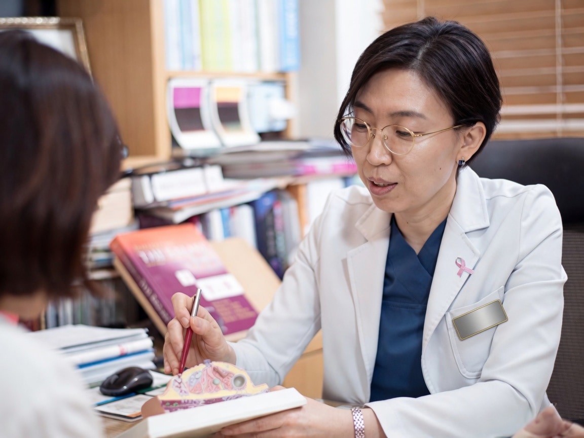 김혜경 원장이 환자와 추적 검사 상담을 하는 모습